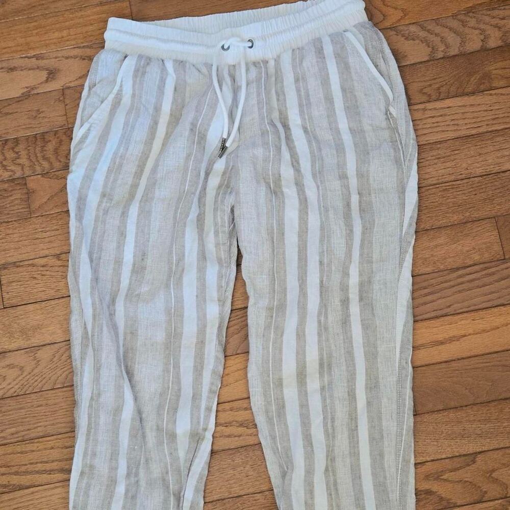 Athleta linen pants with vertical beige and white stripes   4